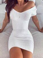 Sexy Temperament V-neck Slim Knit Womens Dress Autumn Bag Hip Mini White Elegant Casual Dress 2020 Fashion Party Tight Dresses