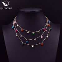 XlentAg Multi-Layer Natural Colouful Stone Choker Necklaces Women Statement Coin Pendant Anime Wedding Gifts Boho Jewelry GN0218