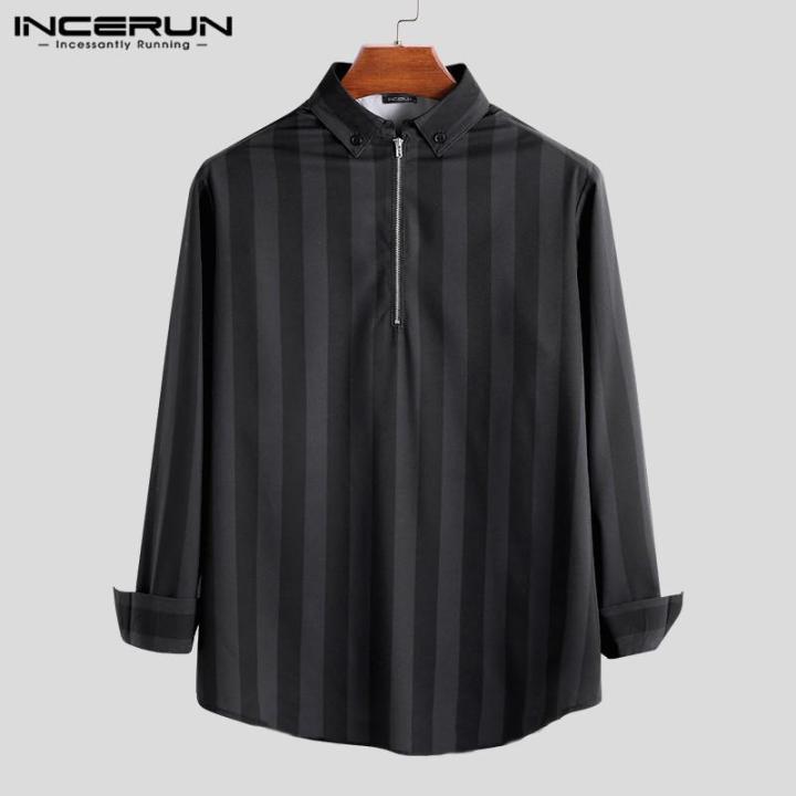 incerun-เสื้อซิปแขนยาวสำหรับผู้ชาย-เสื้อเชิ้ตลายทางวินเทจเสื้อเบลาส์สำหรับใส่ในวันหยุดงานเลี้ยงเสื้อยืดแบบพอดีตัว
