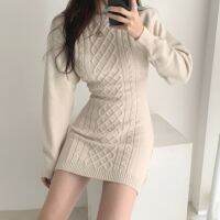 【Ladies shop】แฟชั่นเกาหลีถักนิตติ้งแขนยาว KnittingRobe Femme Vestidos