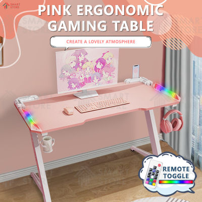 SmartStore โต๊ะเกมมิ่ง โตะคอมพิวเตอร์ สีชมพู โต๊ะเกมมิ่ง โต๊ะคอมเกมมิ่ง Pink gaming table โต๊ะ โต็ะคอม มีไฟ LEDสวย ไม่แสบตา หน้าโต๊ะหุ้มคาร์บอน 3D