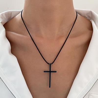 【CW】Cool Neo-Gothic Cross Pendant Necklace Vintage Leather Cord Black Crucifix Classic Fashion Jewelry for Women Men Charm Talisman