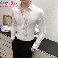 เสื้อเชิ้ตผู้ชายCozy Upสไตล์อังกฤษเย็บลูกไม้แขนยาวสีทึบบางLapelสบายๆ