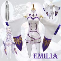 [Cos imitation] Re Zero Kara Hajimeru Isekai Seikatsu Emilia เครื่องแต่งกายคอสเพลย์สำหรับผู้หญิงแต่งตัวด้วยผ้าโพกศีรษะสำหรับฮาโลวีนปาร์ตี้