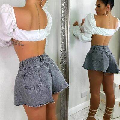 【Feb】 Women Loose Style Shorts Solid Color Mid Waist Cutting Edge Flared Denim Shorts Fahiong Femme High Streetwear