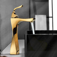 ?Dream Best? Golden Bathroom Faucet Tall Type Hot Cold Mixer Crane Tap Deck Mount Chrome Nickel Color Modern Artic Shape