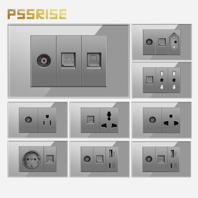 PSSRISE Tempered Glass Panel Wall Computer TEL TV Socket with 5V 2.1A USB Type-c Charger Brazil Mexico US Power Outlet 118*74mm
