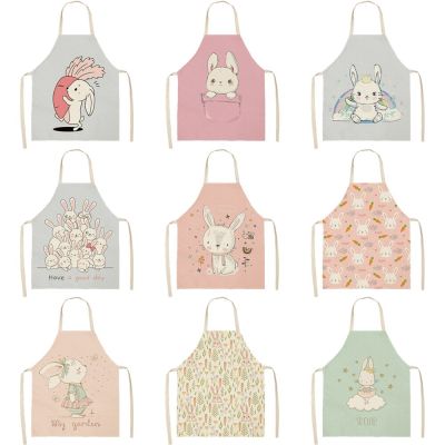 Rabbit Pattern Cleaning Art Aprons Home Cooking Cute Rabbits Kitchen Apron Cook Wear Cotton Linen Adult Bibs 55x68cm Aprons
