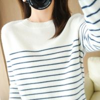 100 Cotton Knitted Sweater Womens Sweater Striped Color Matching Round Neck Large Size Loose Temperament Long Sleeve Bottoming