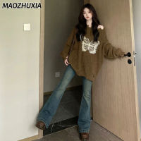 MAOZHUXIA เสื้อถักผู้หญิง,เสื้อถักแจ็คการ์ดหนายาวปานกลางหลวมเสื้อสเวตเตอร์สีดำผีเสื้อ