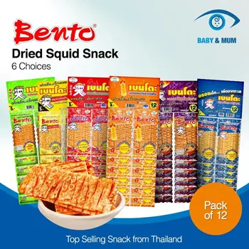 BENTO SEAFOOD SNACK 15 PACK X 24G SEASONED SQUID FLAVOR RED(5Pc)  ORANGE(5Pc) BLUE(5Pc) SWEET SPICY THAI FOOD