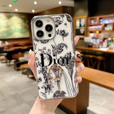 สำหรับ iPhone 13 14 Pro Max ดอกไม้ชุบด้วยไฟฟ้าหรูหราเคสที่มีห่วงสำหรับถือเคสโทรศัพท์ที่สวยงามฝาครอบป้องกันซิลิกอน