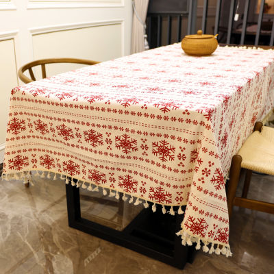 2021Thickened White Cotton Linen Table Cloth Tassel Rectangular Snowflake Tablecloth for Christmas Home Dinning Table Decoration