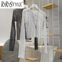 RYRYSTYLE เสื้อกระโดดฝังเพชรตาข่ายช่องผ่านยาวแบบใหม่เสื้อสวมคอหนึ่งเส้นมีซับในที่สดใสและเป็นประกายไนท์คลับเสื้อกันหนาวแบบสวมหัวอเนกประสงค์