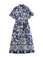 TRAF 2023 Women Fashion With Belt Floral Print Midi Dress Vintage Short Sleeve Front Button Female Dresses