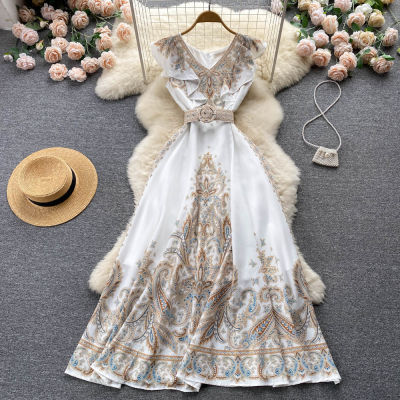 Gorgeous and Elegant Retro Palace Style Print Niche V-neck High-end Dress Ladies Lace-up Slim-fit Super Fairy Temperament Long Skirt
