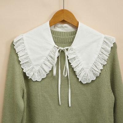 Royal Style Cotton Fake Collar Shawl Wrap Hollow Out Floral Lace Ruffled Trim Necklace Pointed Triangle Lapel Blouse