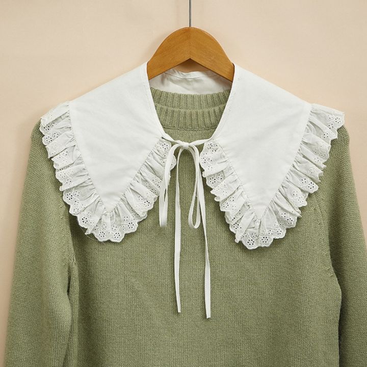 royal-style-cotton-fake-collar-shawl-wrap-hollow-out-floral-lace-ruffled-trim-necklace-pointed-triangle-lapel-blouse