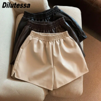 (S-4XL)Dilutessa ผู้หญิงกางเกงขาสั้นสไตล์เกาหลีขนาดบวกหนังสั้นความยาวเอวสูงขากว้าง Elasticated เข็มขัดฤดูใบไม้ร่วง