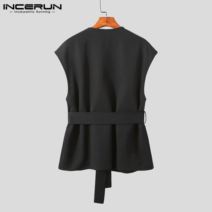 incerun-เสื้อคาร์ดิแกนแขนกุดสีด-ํา-ขาวสําหรับผู้ชาย