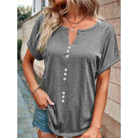 Womens Fashion T-shirt Tops Spring Summer Short Sleeve Oversized V-Neck Solid Color Button Shirts Female