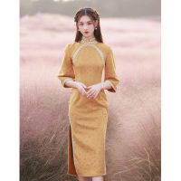 ฤดูใบไม้ผลิ Cheongsam หนุ่ม2022 Qipao ใหม่ระดับไฮเอนด์ Elagant ทุกวันพรรคถนนสาวชุดแขนยาวสีเหลือง