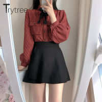 Trytree 2020 Spring Autumn Blouse Women Casual Pearl Bow Brooch Puff Sleeve Pocket Single Breasted Office Lady Plaid Shirts Tops