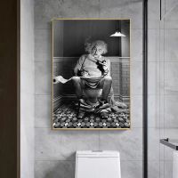 Einstein Sitting on Toilet Reading Newspaper Poster Black White Photo Canvas Painting Wall Art Picture Bath Room Home Decor