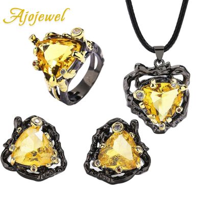 【lz】❐  Ajojewel-Conjunto de jóias de pedra amarela para mulheres cor dourada série preta colar brincos triangulares anel itens vintage por atacado
