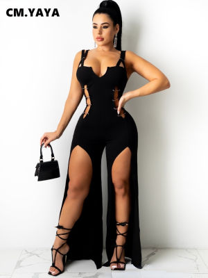 CM.YAYA Jumpsuit for Women Solid Strap Hollow Out Slited Jumpsuits Sexy Rompers Fashion One Piece Overalls Stylish Outfit Summer