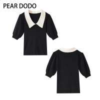 PEAR DODO เสื้อยืดแขนสั้นคอวีแบบพองสำหรับผู้หญิงเสื้อโปโลแขนสั้นแบบเกาหลี