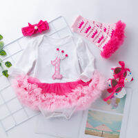 1 st Girls Bodysuit Baby Girl Clothes Baptism Dresses Pink Long Sleeve Dress Baby Body Clothing Tutu Clothes 4pcsset