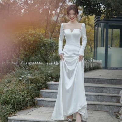 ชุดเดรสผ้าซาตินแขนยาวสีขาวต้อนรับเจ้าสาว,ชุดเดรสชุดกระโปรงใส่นอกบ้านชุดแต่งงานแบบเรียบง่าย Qs1366ฝรั่งเศส