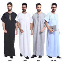 Zomer Moslim Marokkaanse Korte Mouw Islamitische Mannen Borduren Effen Kleur Gewaad Arabische Kaftan ซาอุดีอาระเบียดูไบ Kleding