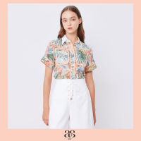 [asv ss23] Tropical Fruit Shirt เสื้อเชิ้ตผู้หญิง ผ้าลายผลไม้ทรอปิเคิล แขนสั้น แต่งกระเป๋าหน้า แต่งขอบผ้ากุ๊นลายทาง กระดุมปั้มผ้าลาย