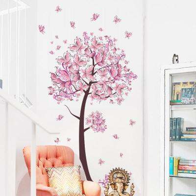 Pink butterfly flower Tree Wall Stickers Decals Girls Women Flower Mural Vinyl Wallpaper Home Living Room Bedroom Decor Tapestries Hangings