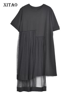 XITAO Dress Asymmetrical Mesh Patchwork Causal Women T-shirt Dress