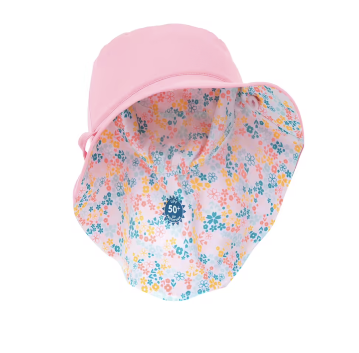 ของดี-ส่งไวมาก-หมวกป้องกันรังสียูวีที่ใส่ได้สองด้านสำหรับเด็ก-สีชมพูอ่อนพิมพ์ลายดอกไม้