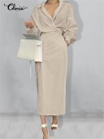 【YF】 Women Maxi Dress Celmia 2023 Autumn Elegant Lapel Long Lantern Sleeve Shirt Dresses Fashion Bandage Thin Solid Ladies Party Robe