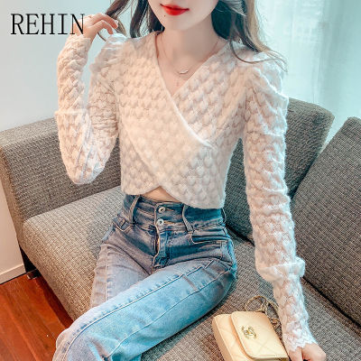 REHIN เสื้อคอวีลูกไม้คอวีตัวสั้นสไตล์ฝรั่งเศสสำหรับผู้หญิง,เสื้อแขนยาวผู้หญิงดีไซน์สวยหวาน