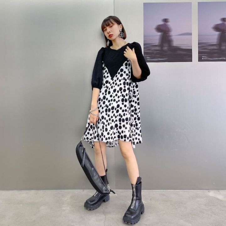 xitao-dress-fashion-false-two-pieces-women-dot-print-mini-dress