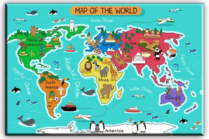 World Canvas Wall Art World Map Canvas Wall Art For Kids Room Typical Animals On Continent Map Of  The World Canvas Prints For Children Education Ready To Hang " Deep W... |  Lazada