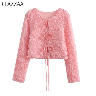 CLAZZAA Women Fashion Pink Flower Cardigan Round Neck Lace Up Long Sleeves Female Sweet Elegant Korean Outwear Jacket Coat