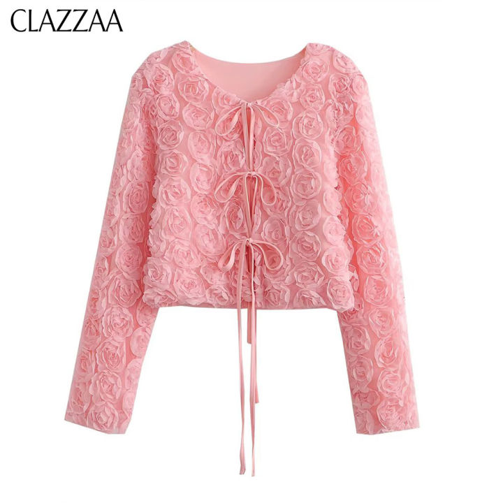 clazzaa-women-fashion-pink-flower-cardigan-round-neck-lace-up-long-sleeves-female-sweet-elegant-korean-outwear-jacket-coat