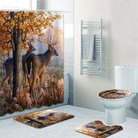 Hunting Camo Elk Moose Bear Deer Shower Curtain Set for Bathroom Wild Animals In Forest Bath Curtains Mats Rugs Camouflage Baño