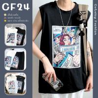 ꕥCatalog Fashionꕥ เสื้อยืดคอกลมแขนกุดทรงโอเวอร์ไซส์ ลายการ์ตูนคอมมิค 2 สี