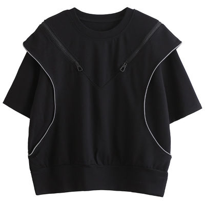 [EAM] Women Black Zipper Off Shoulder Big Size T-shirt New Round Neck Half Sleeve Fashion Tide Spring Summer  1DD57710