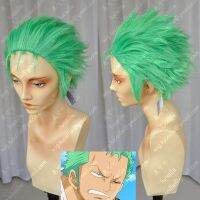 วิกผมสีเขียวการ์ตูน Janpanese แบบ Slicked-Back สั้น Roronoa Zoro ผมคอสเพลย์การ์ตูนวิกผมสังเคราะห์ทนความร้อนได้ + หมวกวิกแบบอิสระ