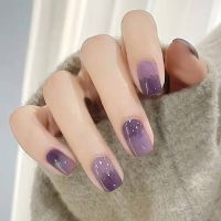 24PCS Taro Purple False Nails Girls Sweet Style Short Press on Nails Wearable Finished Nail Piece with Glue SANA889