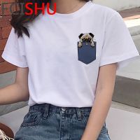 เสื้อยืดผ้าฝ้ายKawaii Shiba Inuการ์ตูนภาษาฝรั่งเศสBulldog Tเสื้อผู้หญิงBorder Collieน่ารักAnimeเสื้อยืดCorgi Pug Harajuku Tshirtหญิง